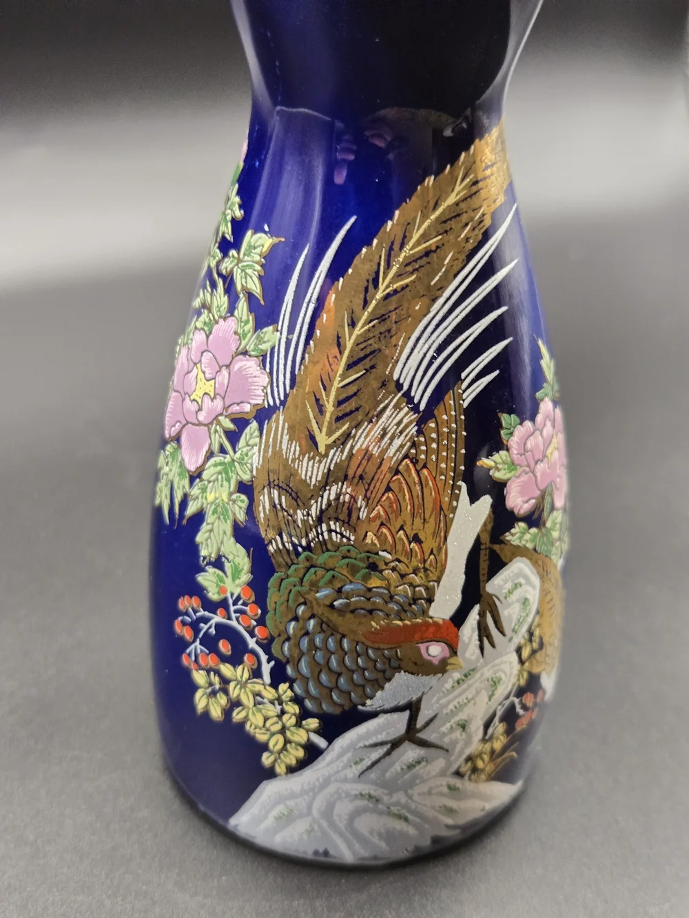 Vintage Japanese Porcelain Cobalt Blue Peacock Design Sake Bottle